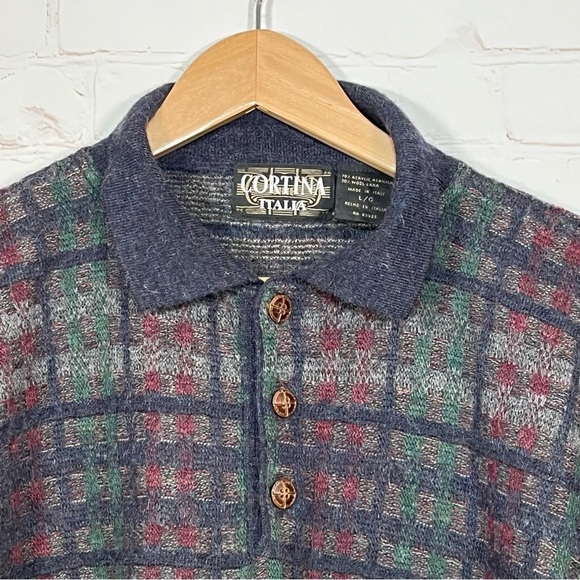 VTG Cortina Italia Sweater Mens Large Multicolor 3 Button Pullover Wool Blend - Picture 3 of 14